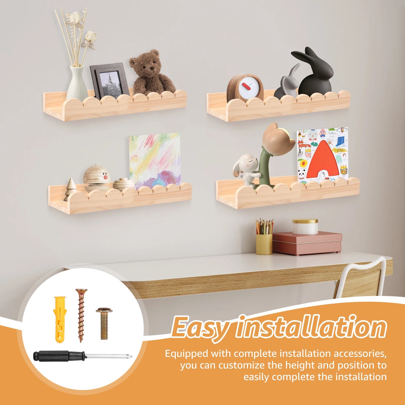 Scalloped Wood Floating Wall Shelves – Set of 3 or 4 for Kids’ Rooms & Entryways