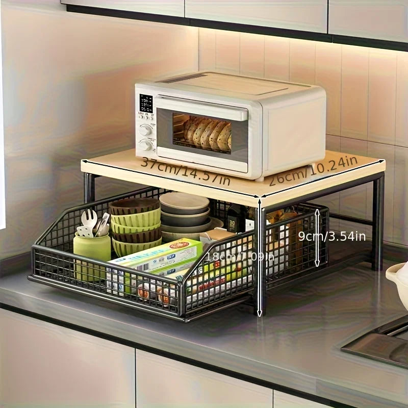 Compact Coffee Maker Station with Pull-Out Steel Organizer Basket for Kitchen Counter
