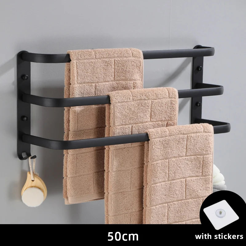 Matte Black Aluminum Wall-Mounted Towel Rack with Hooks for Bathroom Organization, 50cm, Single/Double/Triple Bar