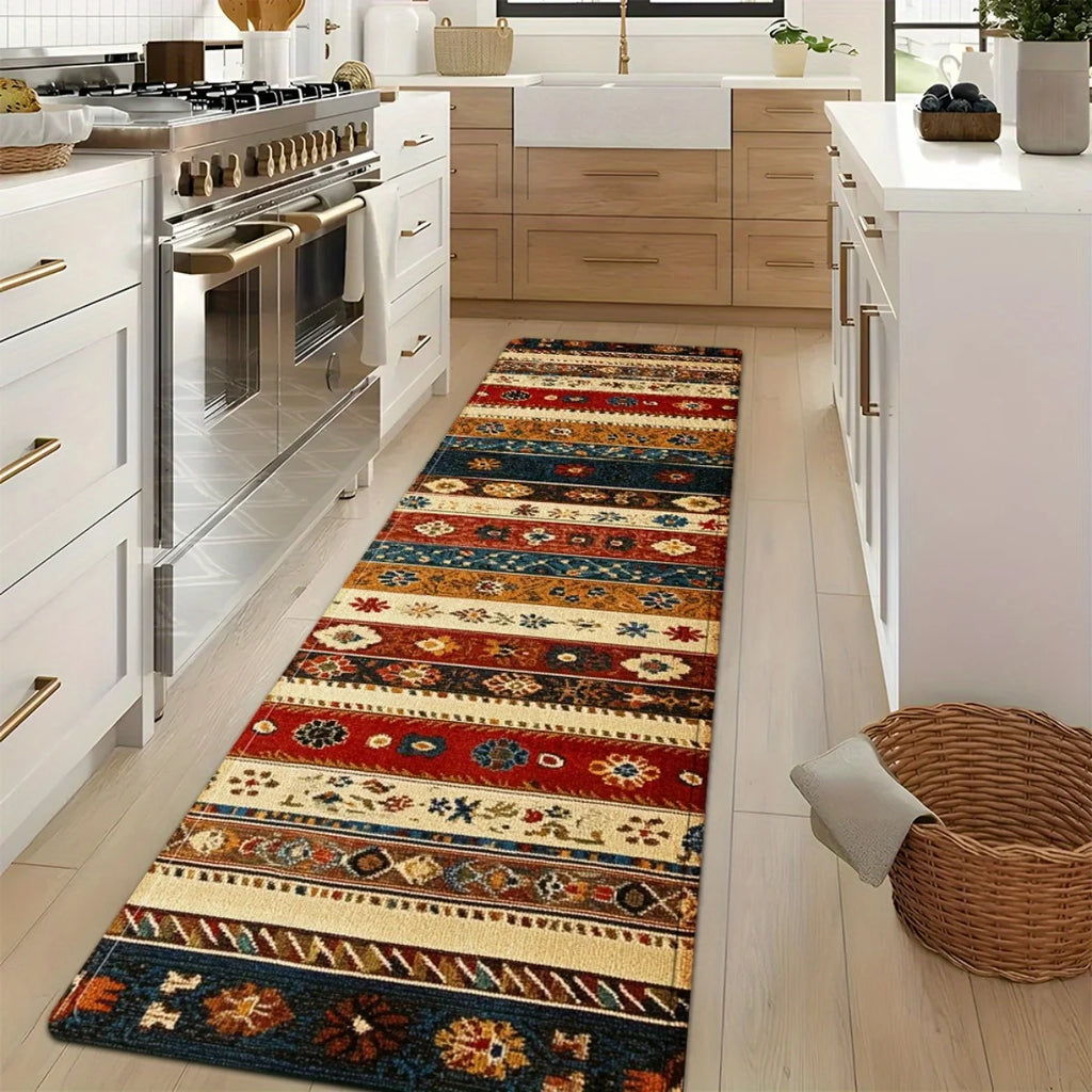 Bohemian runner rug with tribal stripes on a light kitchen floor