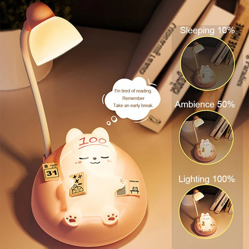 Pink animal night light with reading-themed decor, displaying three light modes