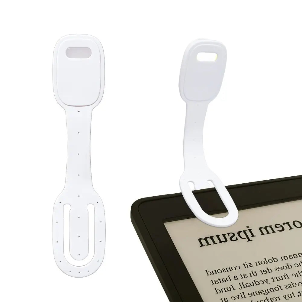 slim white clip-on book light showing straight and bent positions
