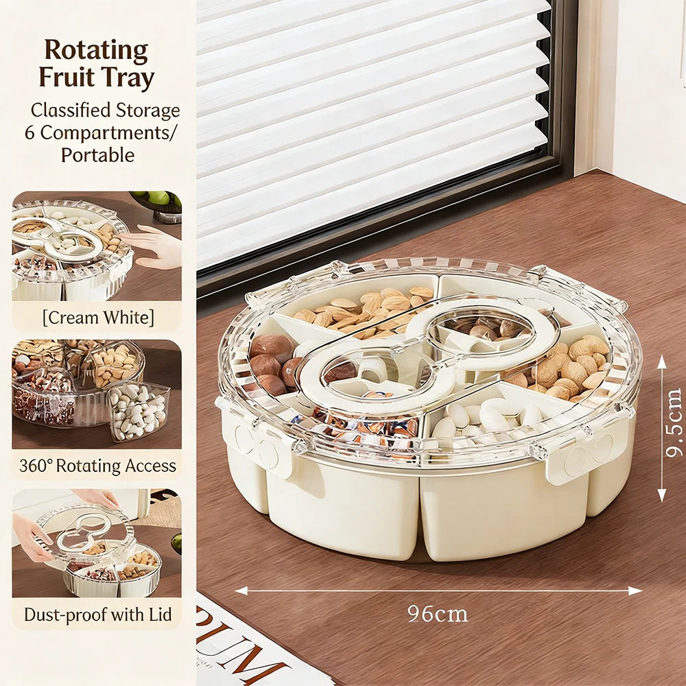 Divided Rotating Snack and Fruit Tray with Lid — Portable BPA-Free Organizer for Entertaining & Kitchen Storage