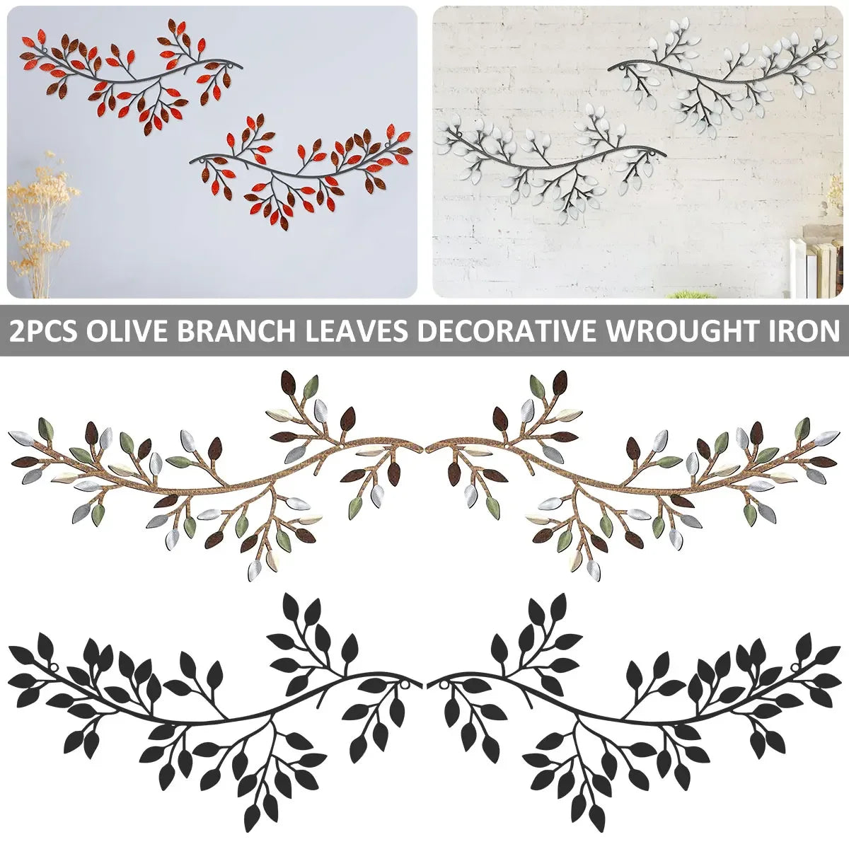Set of two olive branch metal wall art sculptures in red, white, and black colorways displayed on living room walls