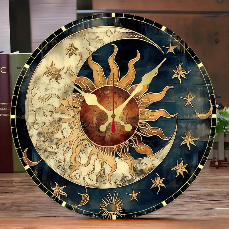sun and moon silent wooden wall clock on table in cozy living space