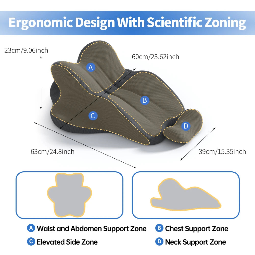 Prone position pillow ergonomic zones with labeled support areas and measurements