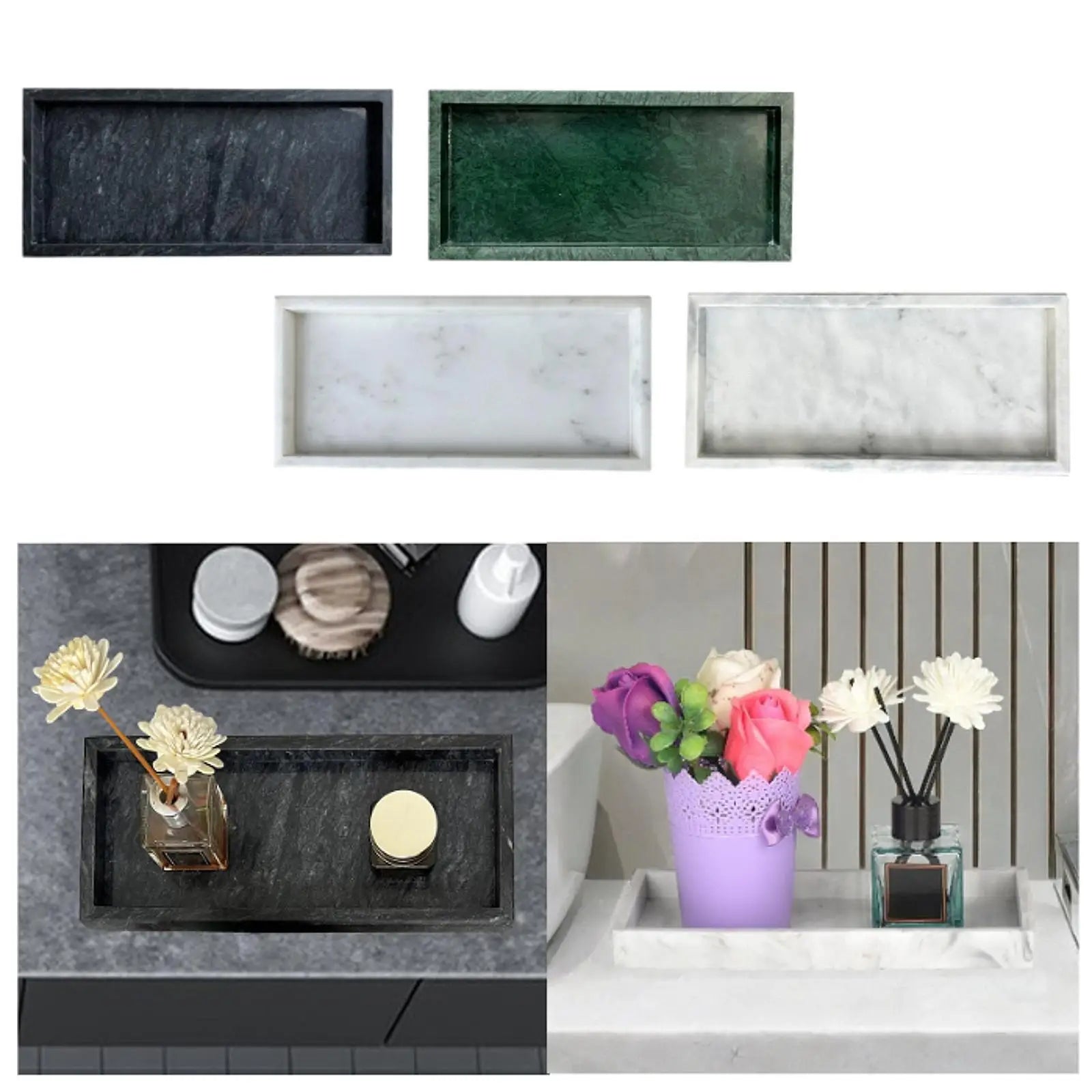 Marble vanity trays in black, green, and white; also shown in bathroom and dresser organization use