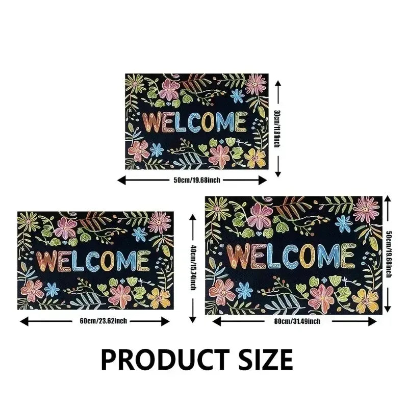 Three welcome mat size charts displaying 'WELCOME' with colorful flowers, showing 30x50cm, 40x60cm, and 50x80cm dimensions