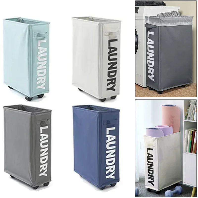 slim rolling laundry baskets in several colors shown in bathroom, bedroom, and beside bookshelf