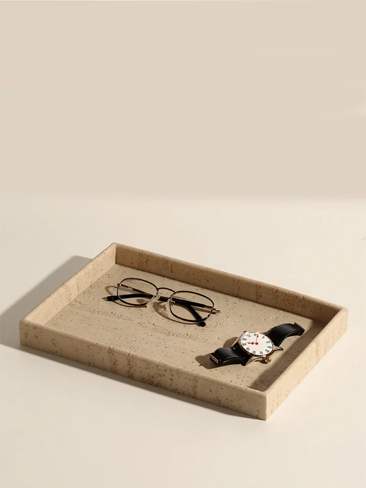 Travertine Bathroom Organizer Tray and Accessories Set