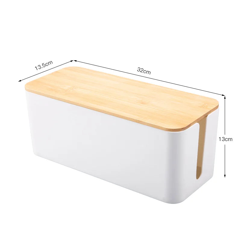 Bamboo Lid Cable Management Box for Desk & Nightstand Organization