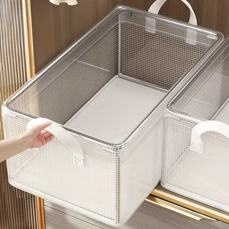 Clear PVC storage basket with steel frame and fabric handle on a shelf