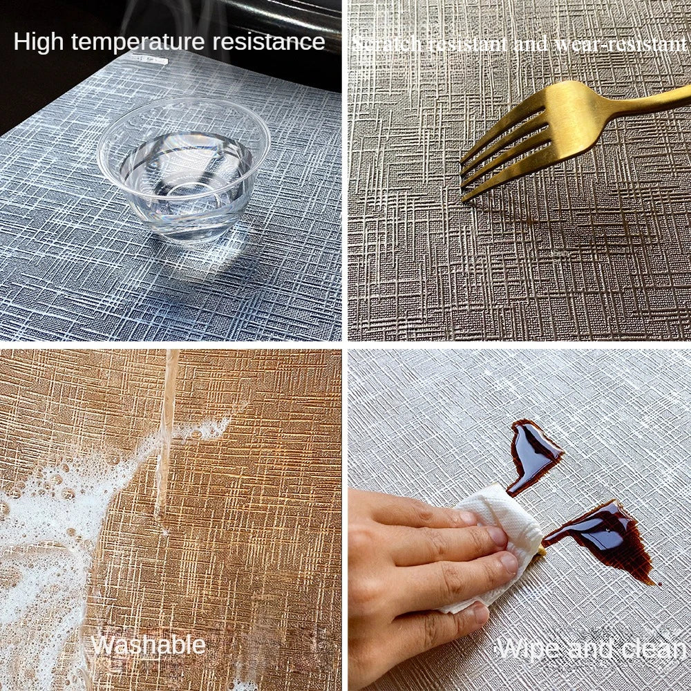 Close-ups demonstrating heat resistance, scratch resistance, easy washing, and wipe-clean surface of metallic placemats
