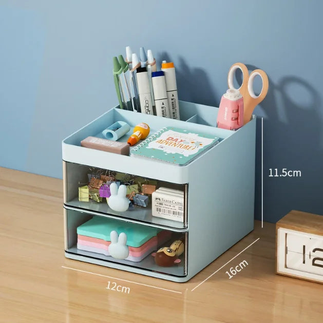 2-Tier Plastic Desk Organizer with Drawers & Divided Top Tray for Home Office or Vanity