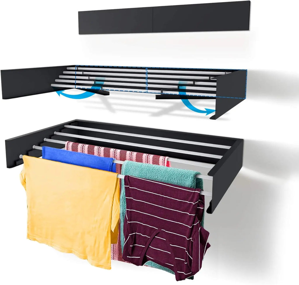 Black foldable wall-mounted drying rack with 5 rods shown in open and closed positions, hanging clothes and towels
