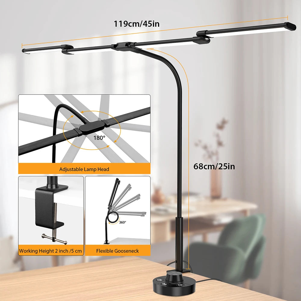 Lamp arm dimensions and rotation features for ultra-wide LED clamp desk lamp