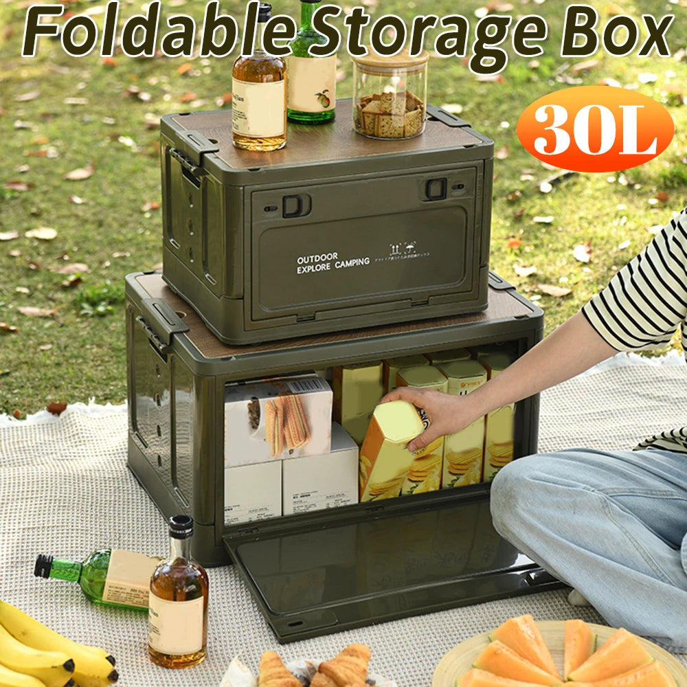 Green collapsible storage bin stacked for car or picnic use, contents accessible through side door