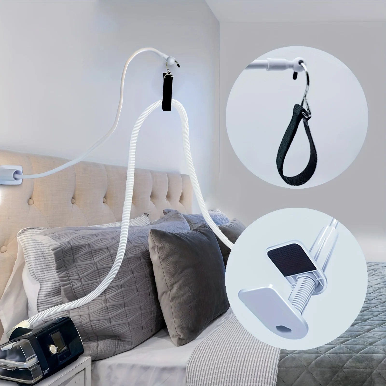 CPAP hose holder attached to a tufted headboard, with close-ups of the hook strap and clamp