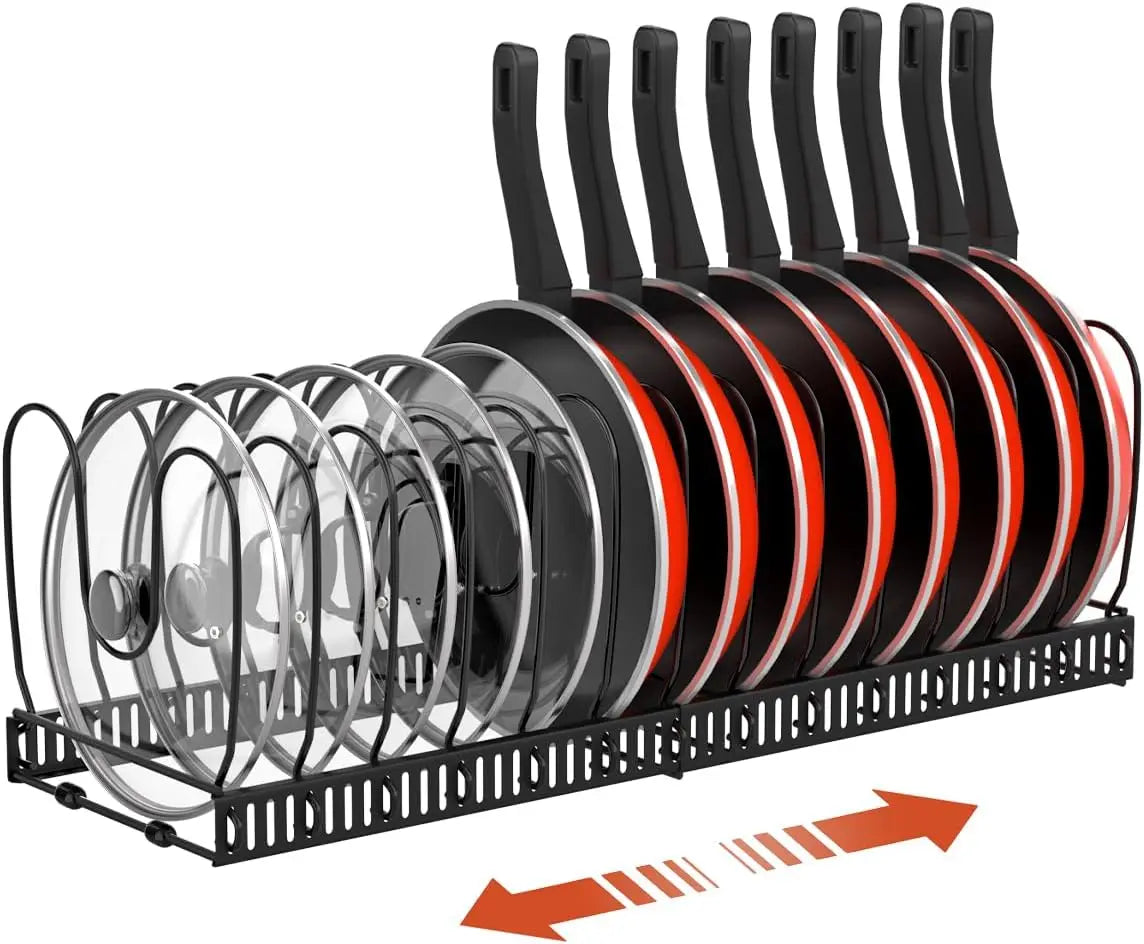 Expandable black metal pot and pan organizer rack with ten adjustable dividers holding frying pans and glass lids