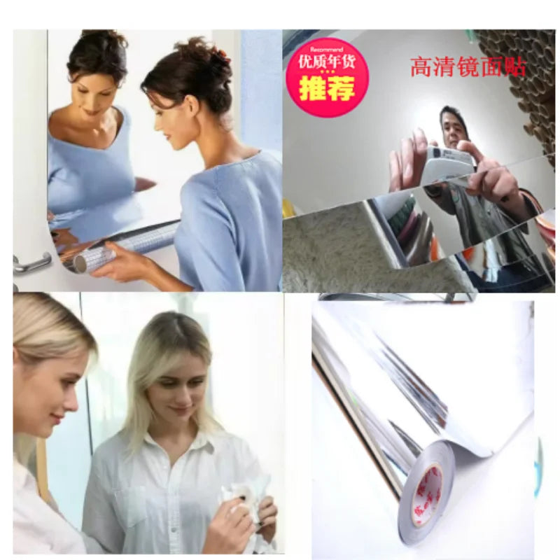 Collage: women using mirror sticker, mirror sticker roll close-up