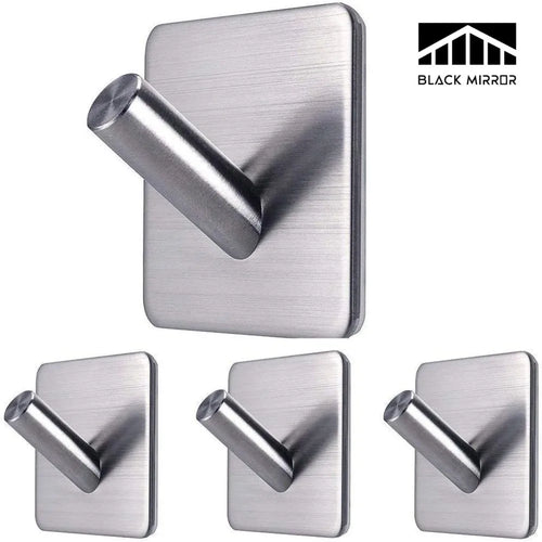 Four brushed silver adhesive stainless steel wall hooks shown on white background