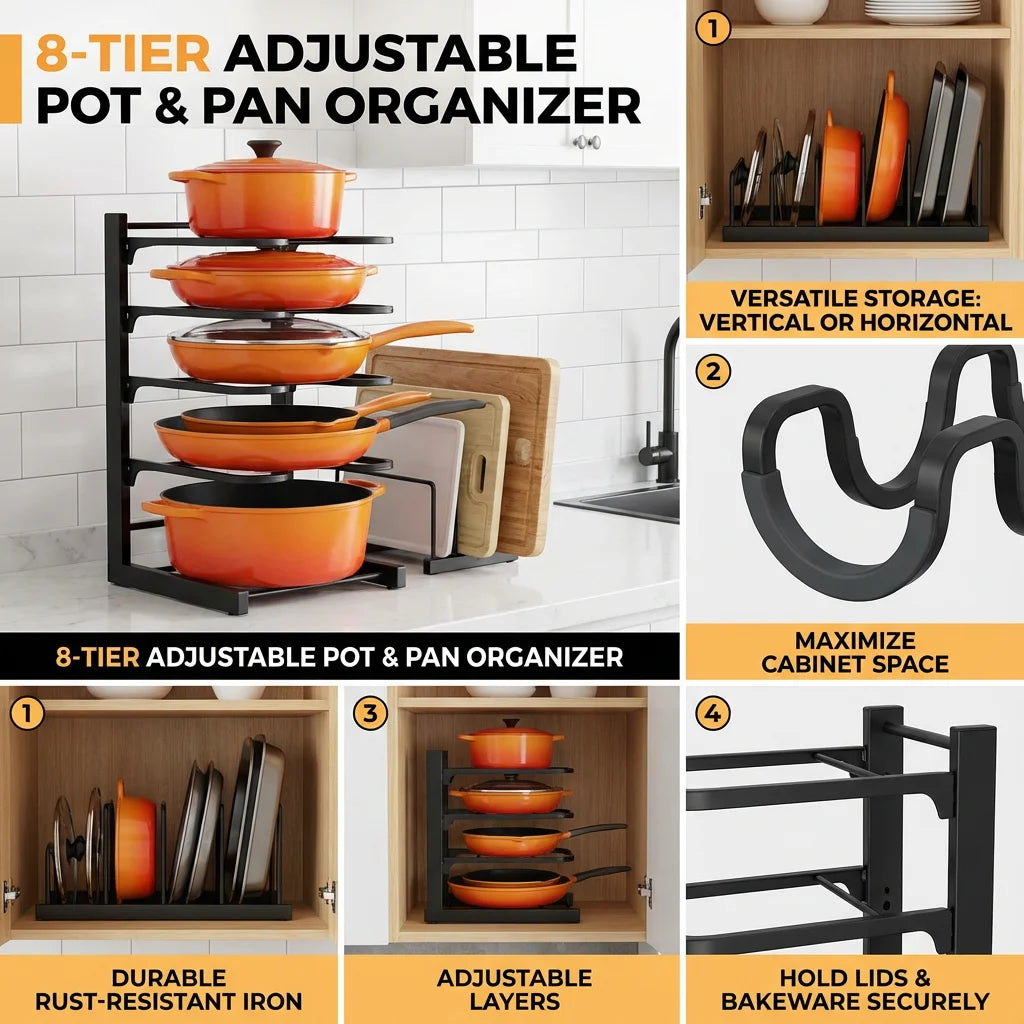8-tier pot and pan organizer rack used horizontally and vertically for pans and cutting boards