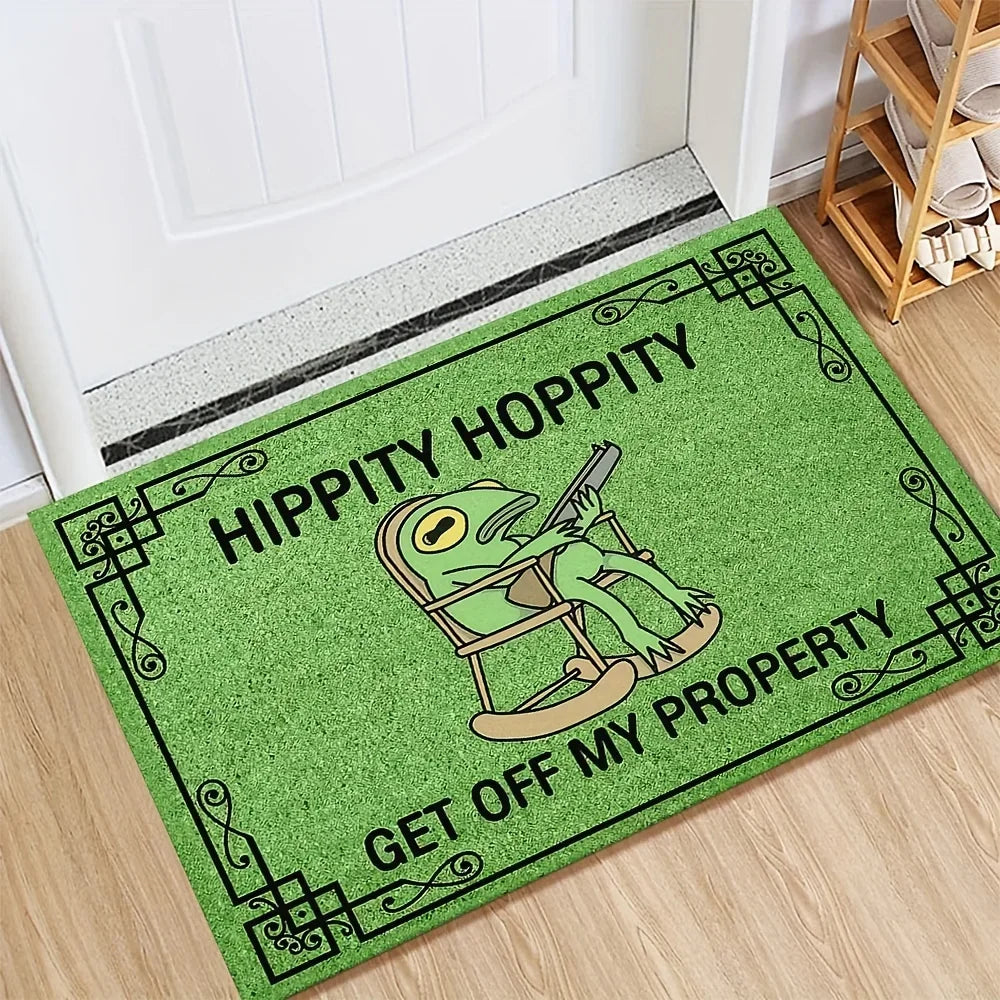 Funny frog welcome mat in green near an apartment entrance