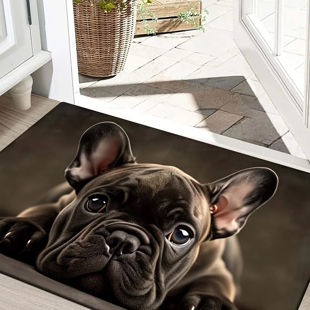 French bulldog print doormat placed by an indoor entryway with open door