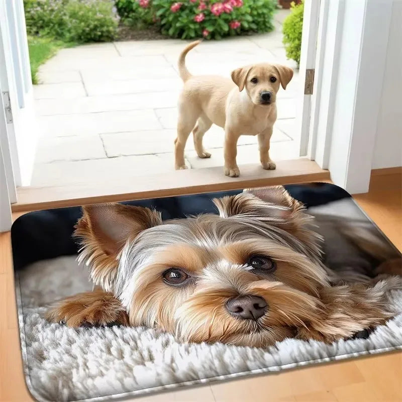 Cute animal print doormat with a small dog face design in an entryway