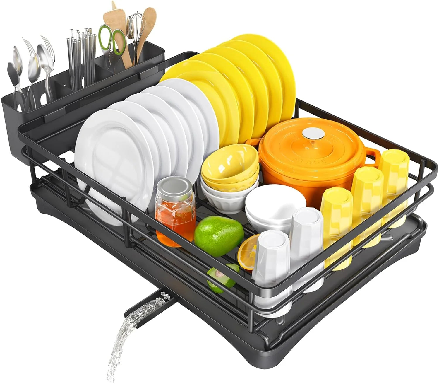 Large Iron Dish Drying Rack with Drainboard and Utensil Holder