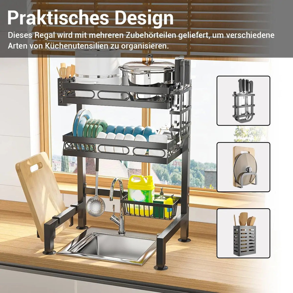 Double layer metal over-sink drying rack loaded with kitchen items, accessory holders shown, labeled in German.