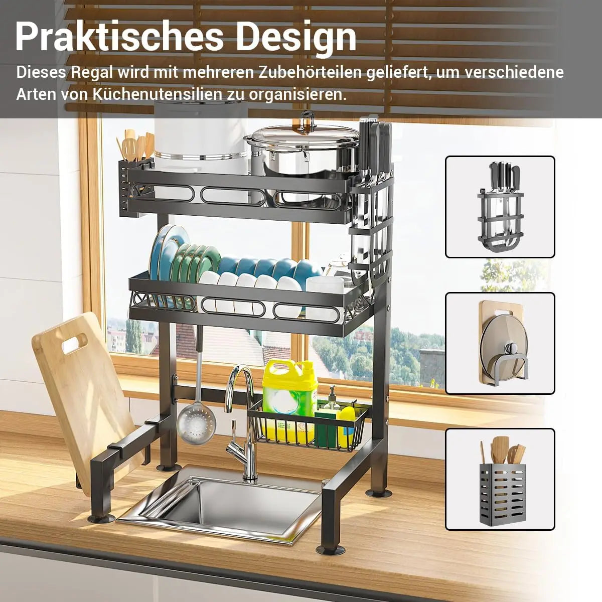 Double layer metal over-sink drying rack loaded with kitchen items, accessory holders shown, labeled in German.