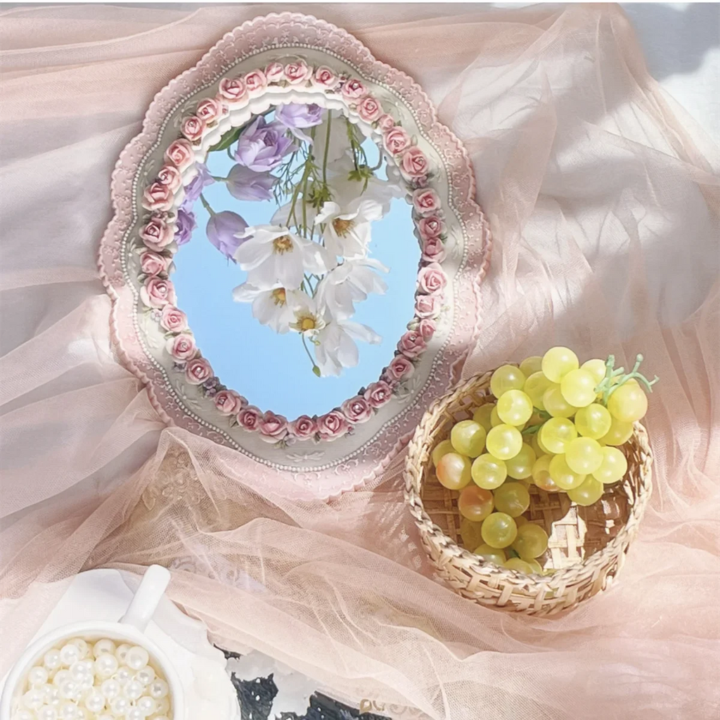 Camille Pink Baroque Oval Wall & Desktop Mirror with Rose Trim for Bedroom or Vanity