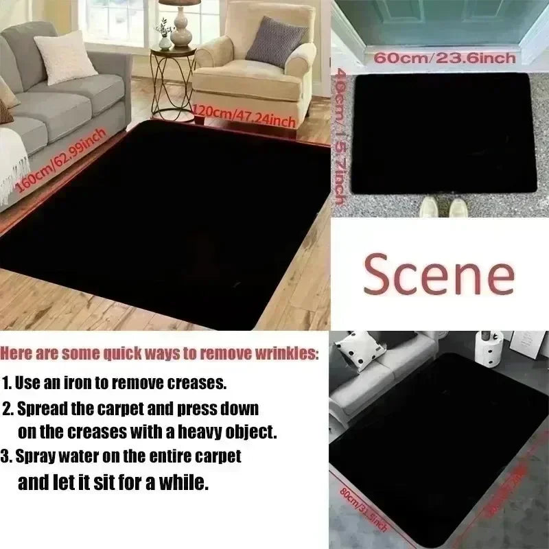 Simple black rectangle area rug shown in various room settings with size chart for living room and entryway