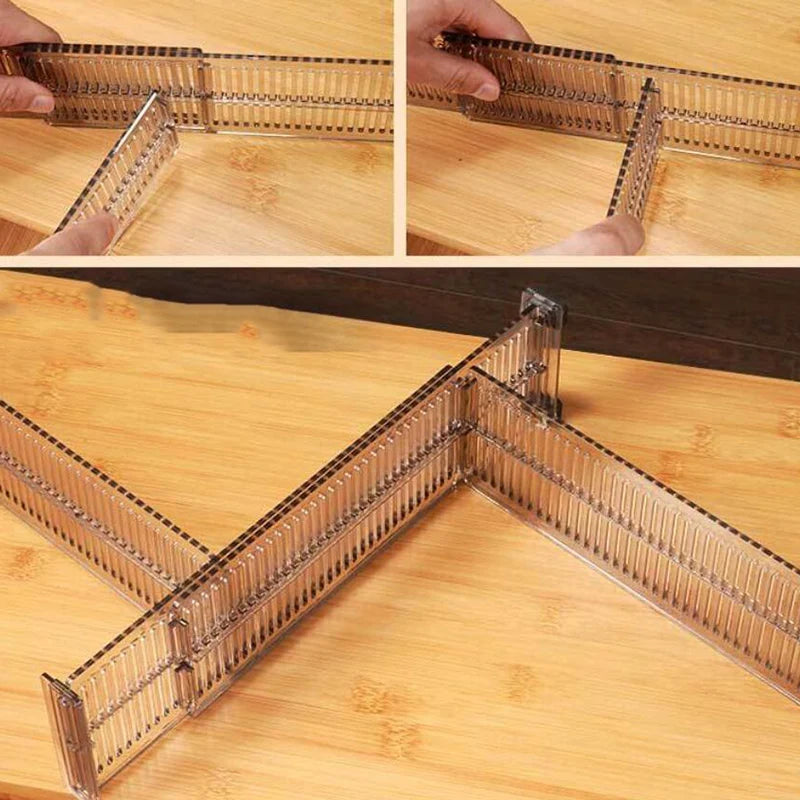 Hands assembling and placing clear drawer dividers in a cross configuration