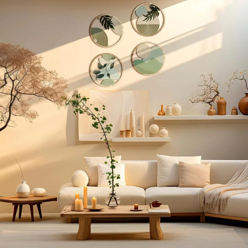 Geometric wood wall art set displayed above a sofa in a sunlit living room