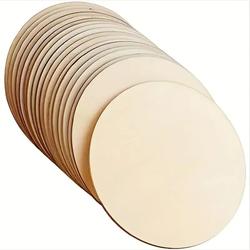 Stack of plain, unfinished round wooden coasters shown from the side