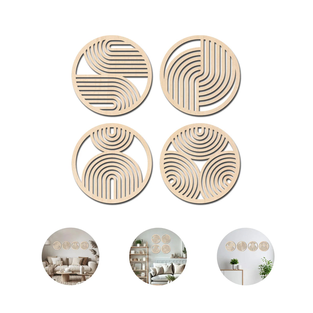 Four round hollow-carved wooden wall art panels with geometric designs, shown with examples of wall placement.