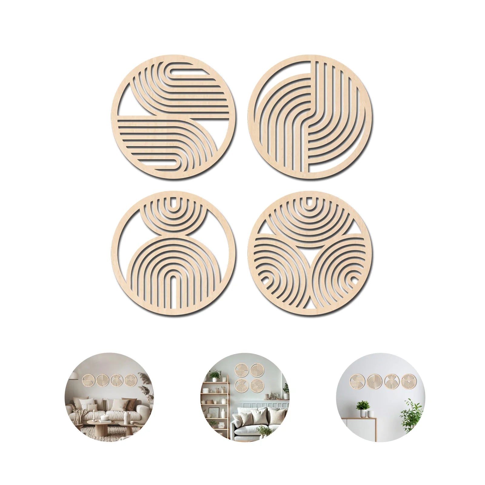 Four round hollow-carved wooden wall art panels with geometric designs, shown with examples of wall placement.