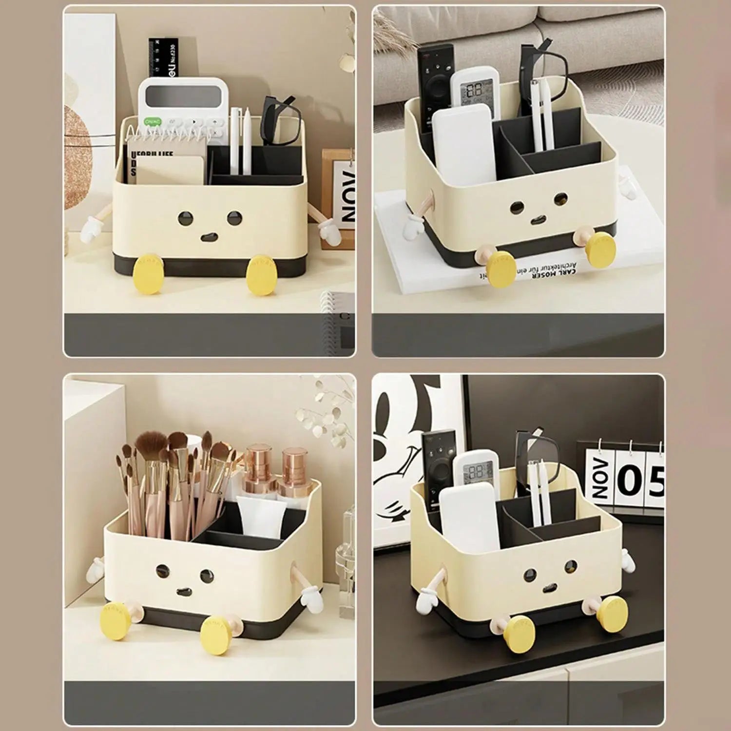 Multiple views of the whimsical desktop organizer in use for cosmetics and remotes