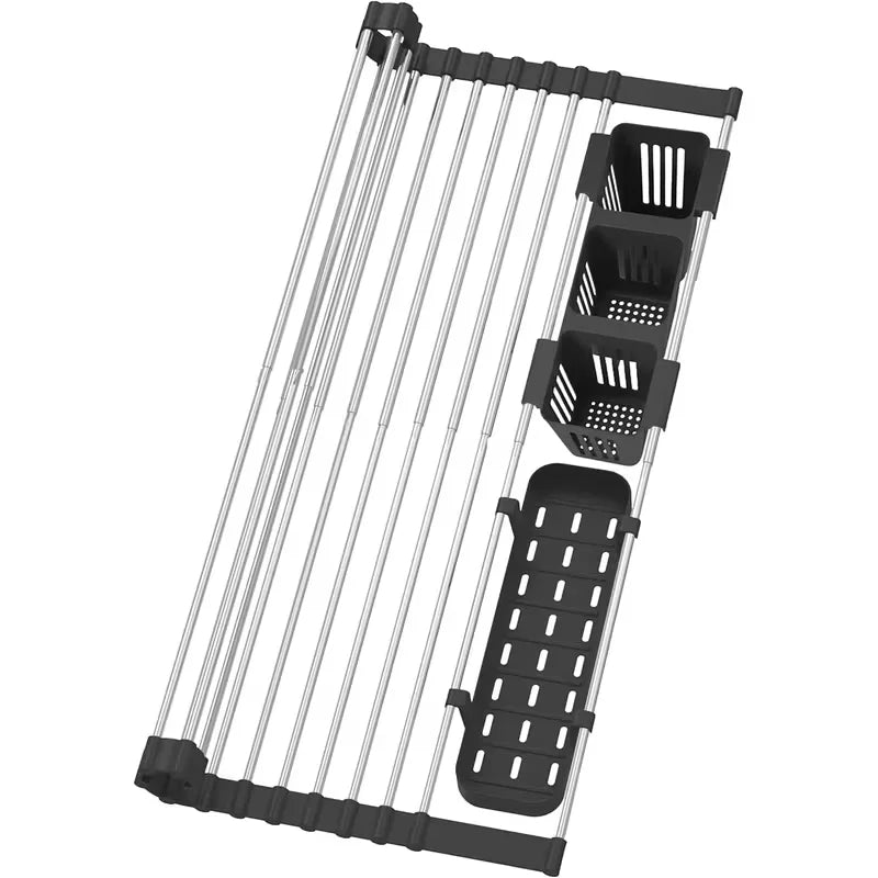 Expandable Stainless Steel Over-Sink Drying Rack with Cutlery and Sponge Holders for Kitchen Organization