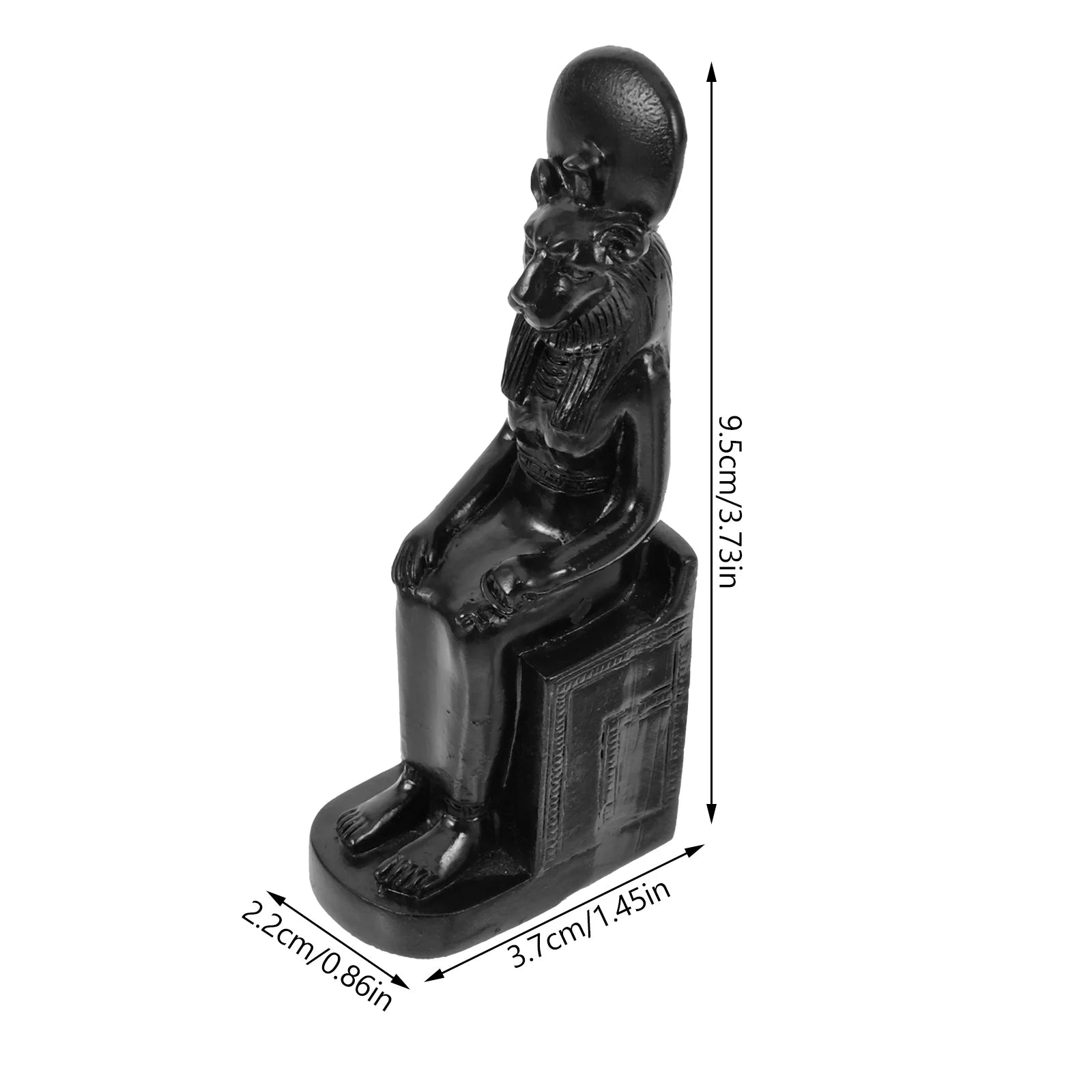 Black resin Egyptian goddess figurine with measurements shown in centimeters and inches