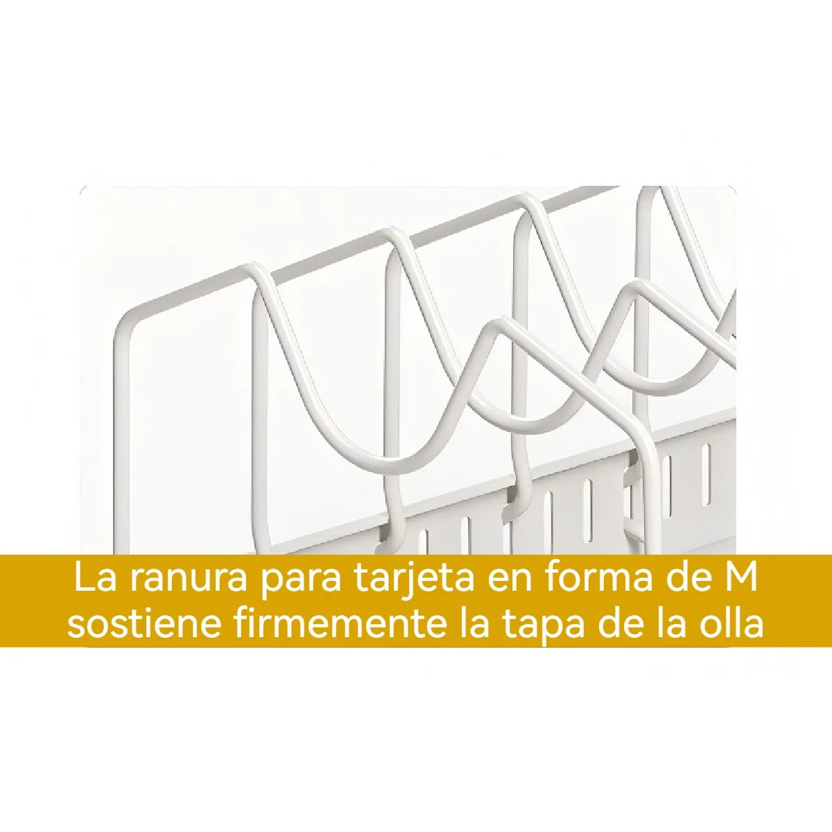 Close-up of M-shaped rack divider for pot lids with Spanish text overlay
