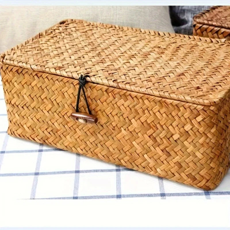 Arden Woven Lidded Storage Basket – Rectangular Bamboo Desktop Box