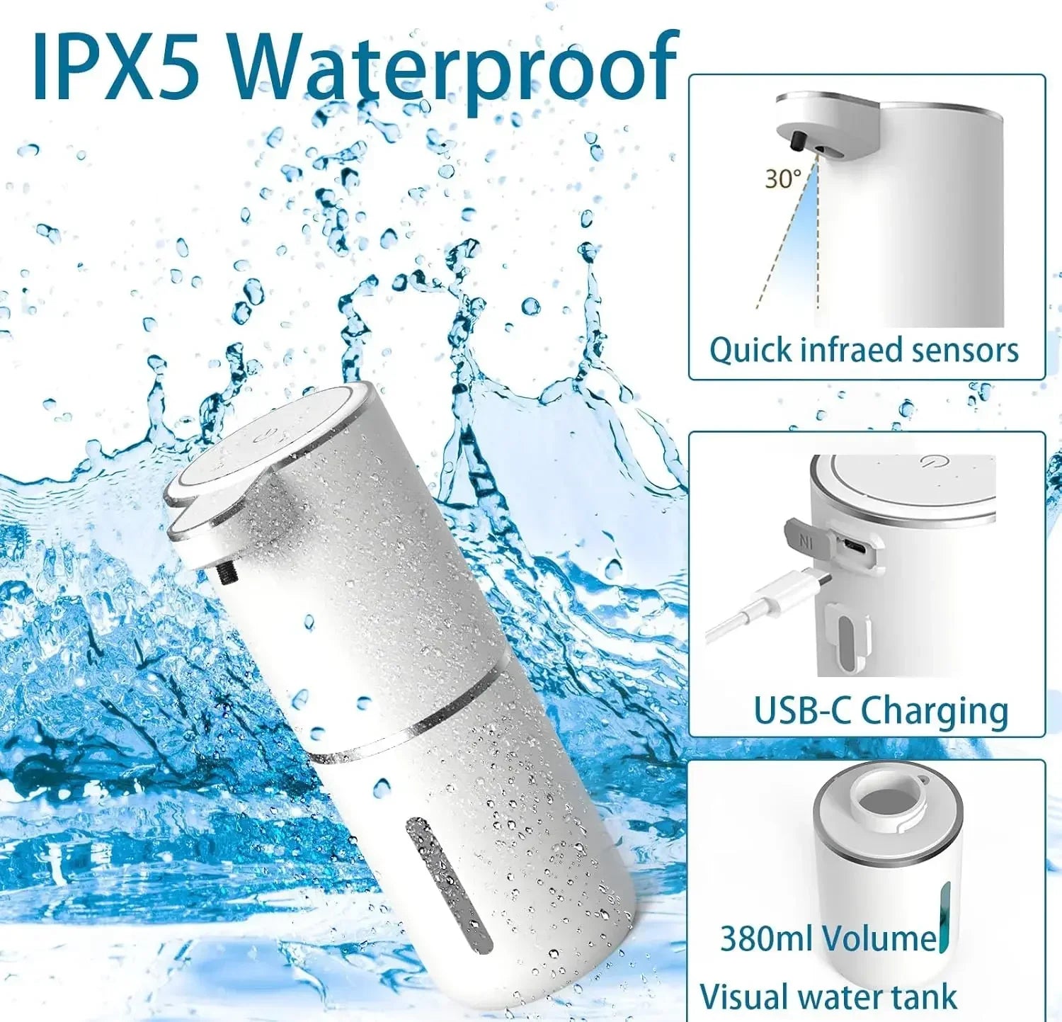 automatic soap dispenser shown splashed with water with visual tank and quick sensor callouts