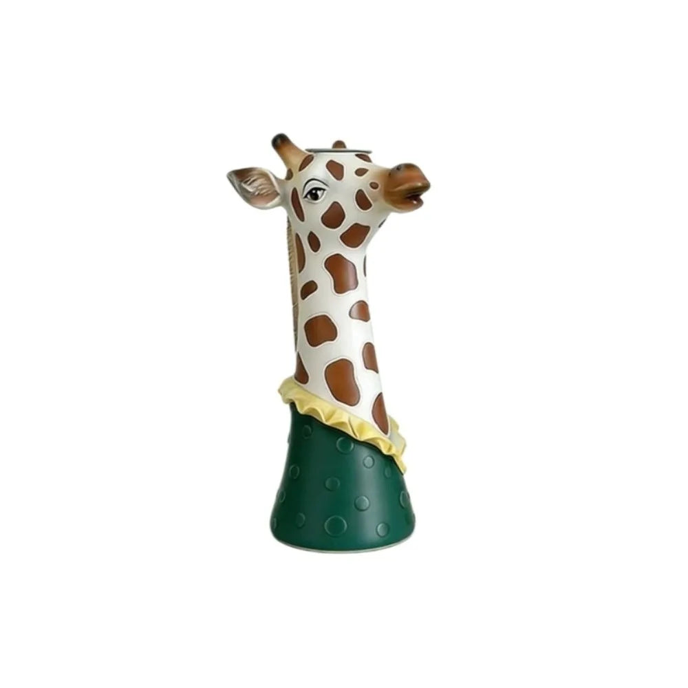 Pottery giraffe head vase with green base, shown on white background