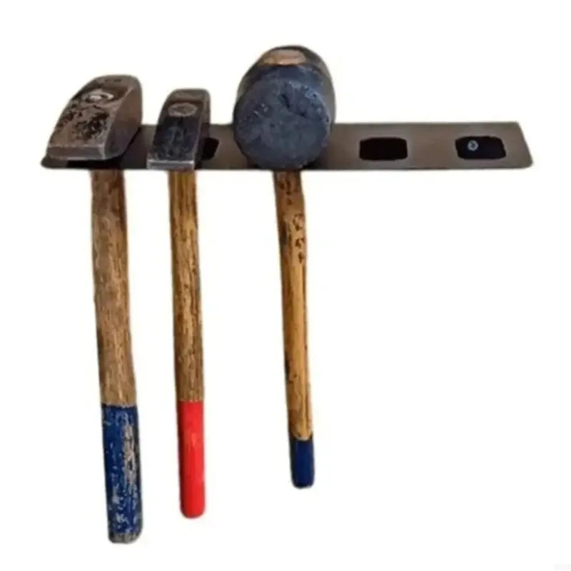 Side view of a black metal hammer rack with tools stored