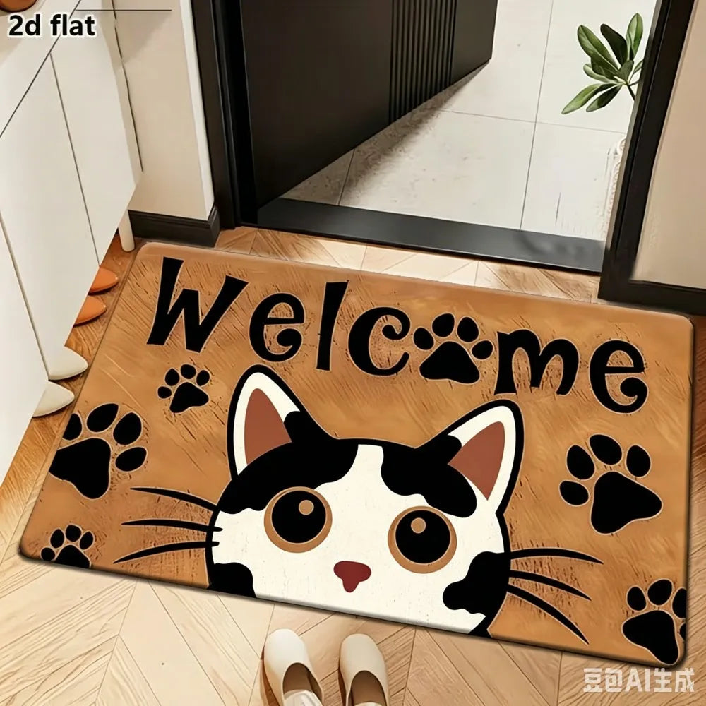 Cartoon black and white cat welcome doormat for the entryway