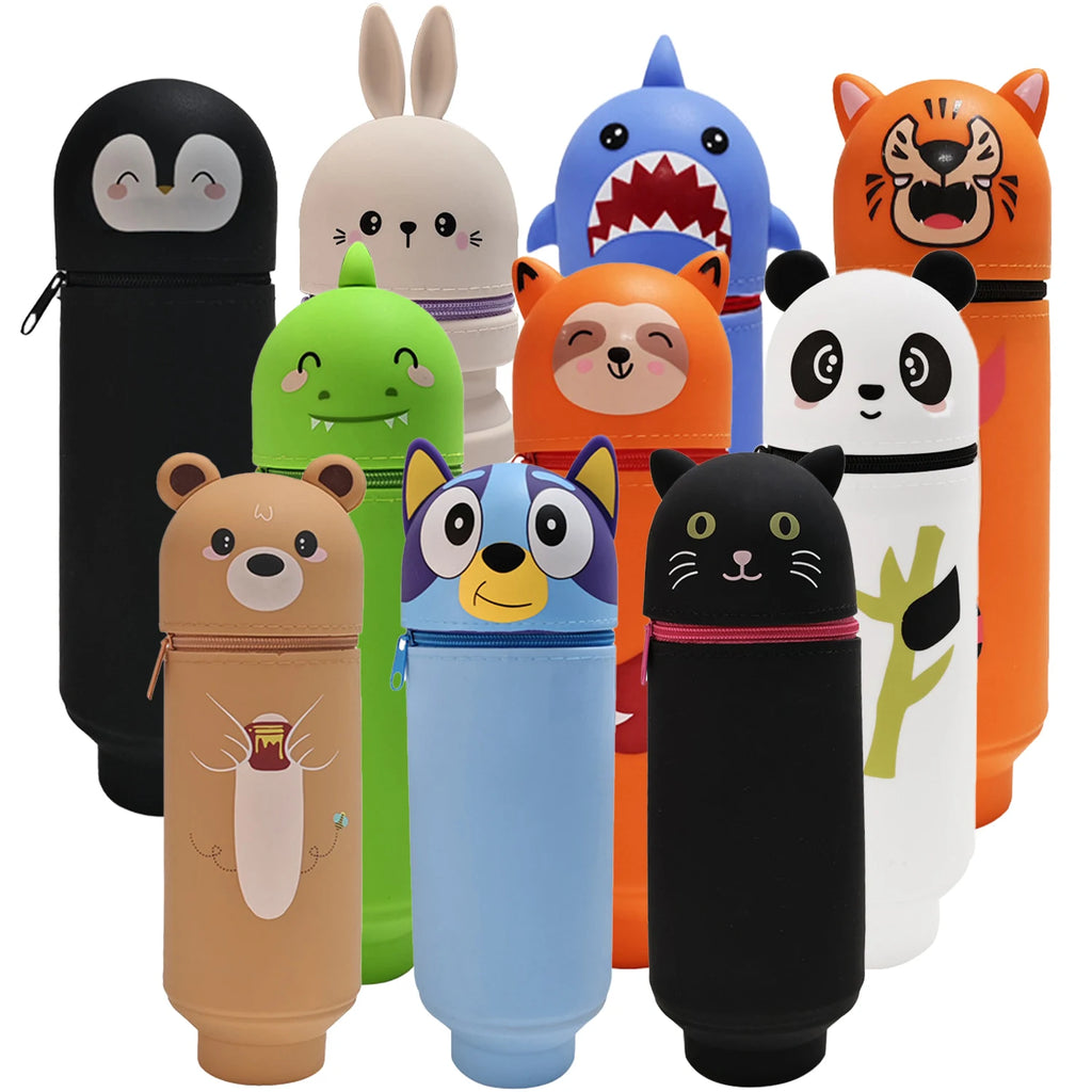 Group of colorful animal silicone stand-up pencil cases in assorted animal designs