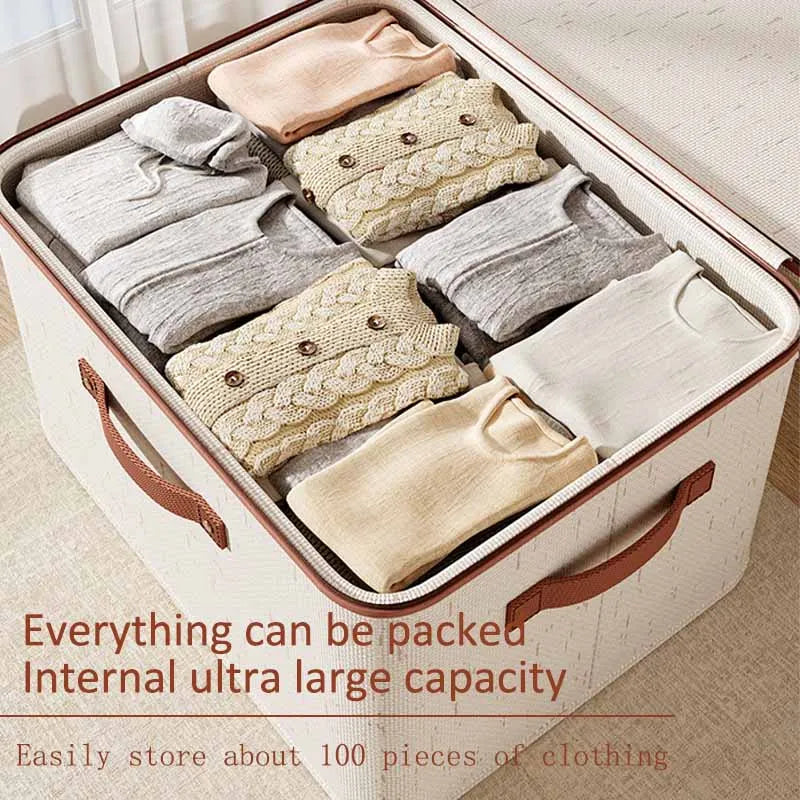 Open storage box showing folded sweaters inside, with description overlay